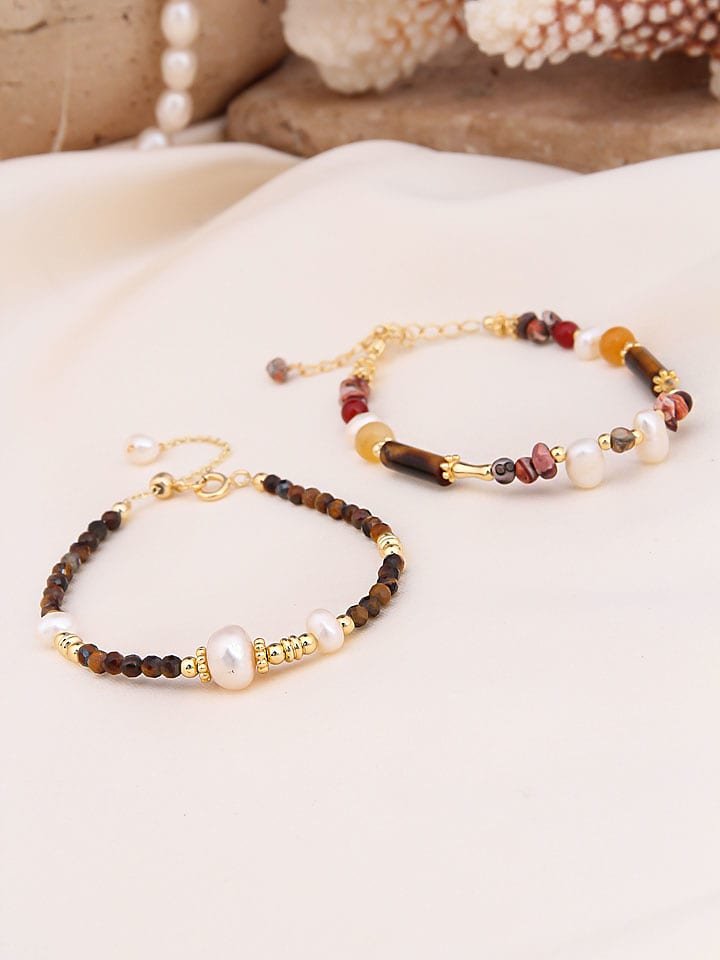 Pierres de Jade Pozłacane bransoletki (2 szt.) z perłami i kamieniami szlachetnymi