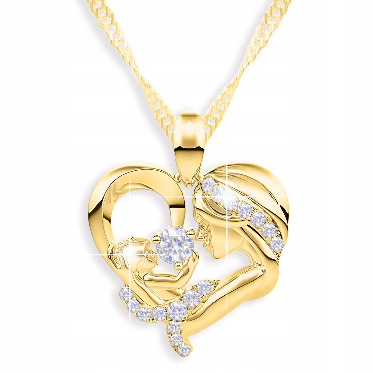 Złoty Naszyjnik z Sercem Matka z Dzieckiem Cyrkoniami Family SREBRO 925