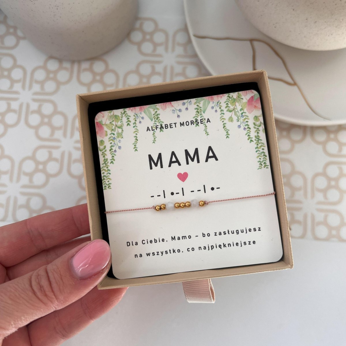 Bransoletka Mama kodowana alfabetem Morse'a kamienie naturalne