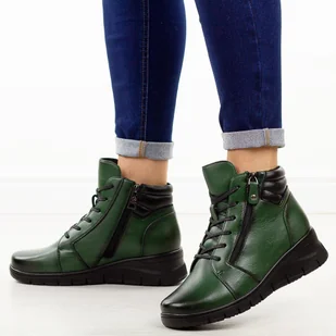 Zielone skórzane botki damskie na koturnie Vinceza 39963 - Botki damskie - miniaturka - grafika 1