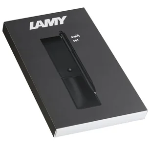 LAMY Zestaw składający się z 1 x pióro kulkowe Swift 330 ze stali nierdzewnej w kolorze czarnym i 1 x etui z prawdziwej skóry w kolorze czarnym na dwa przybory do pisania, w zestawie wkład do - Pióra kulkowe - miniaturka - grafika 1