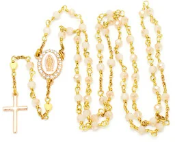 Ręcznie robiony różaniec dla dziewczynki, komunijny, ecru, złoty - Różańce - miniaturka - grafika 1