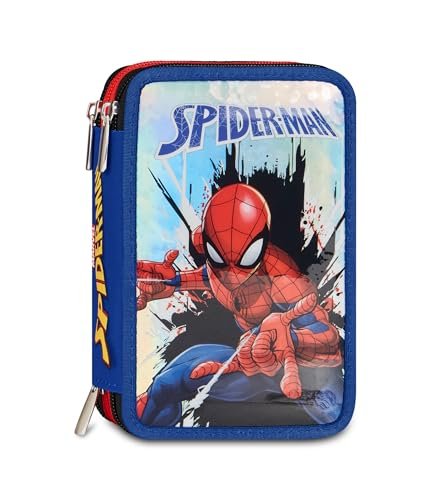 Seven Spiderman piórnik szkolny z 3 suwakami, niebieski, potrójny schowek, uchwyt na długopis, zawartość 44 sztuk, artykuły pa w zestawie, akcesoria do plecaków, szkoły podstawowej i