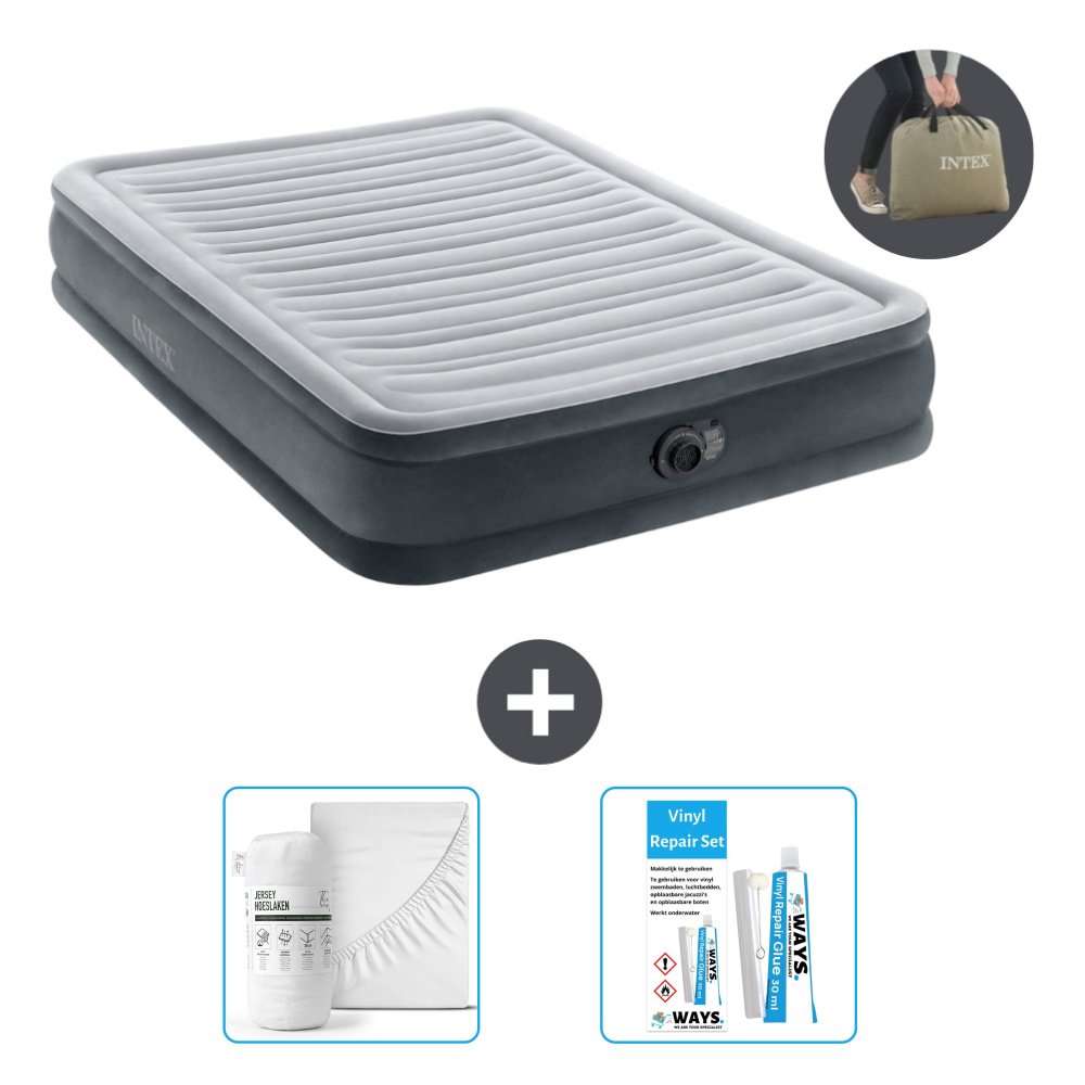 Intex Airbed - Podwójne łóżko - 137 x 191 x 33 cm - Szare - W zestawie pompka - prześcieradło i zestaw naprawczy