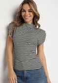 Bluzki damskie - Czarno-Biały Top z Wiskozą w Paski Ozdobiony Poduszkami przy Ramionach Oridia - miniaturka - grafika 1