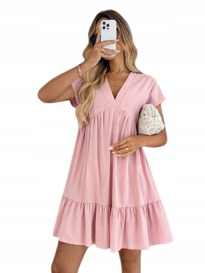 SHEIN RÓŻOWA BAWEŁNIANA SUKIENKA MINI Z FALBANĄ I DEKOLTEM V L 1HC
