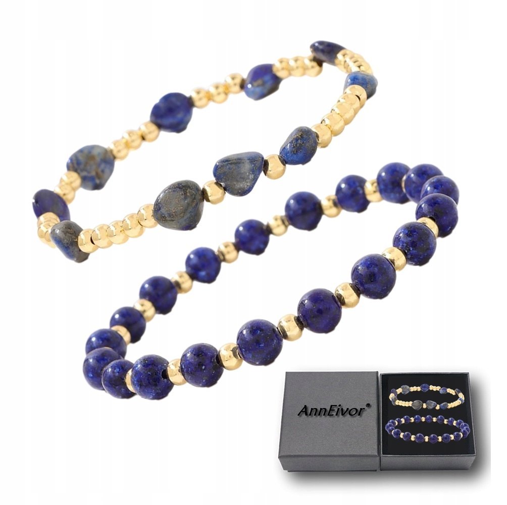 Zestaw 2x Bransoletka 5-8 mm Kamień Lapis Lazuli Kulki Pozłacane 18K Złotem