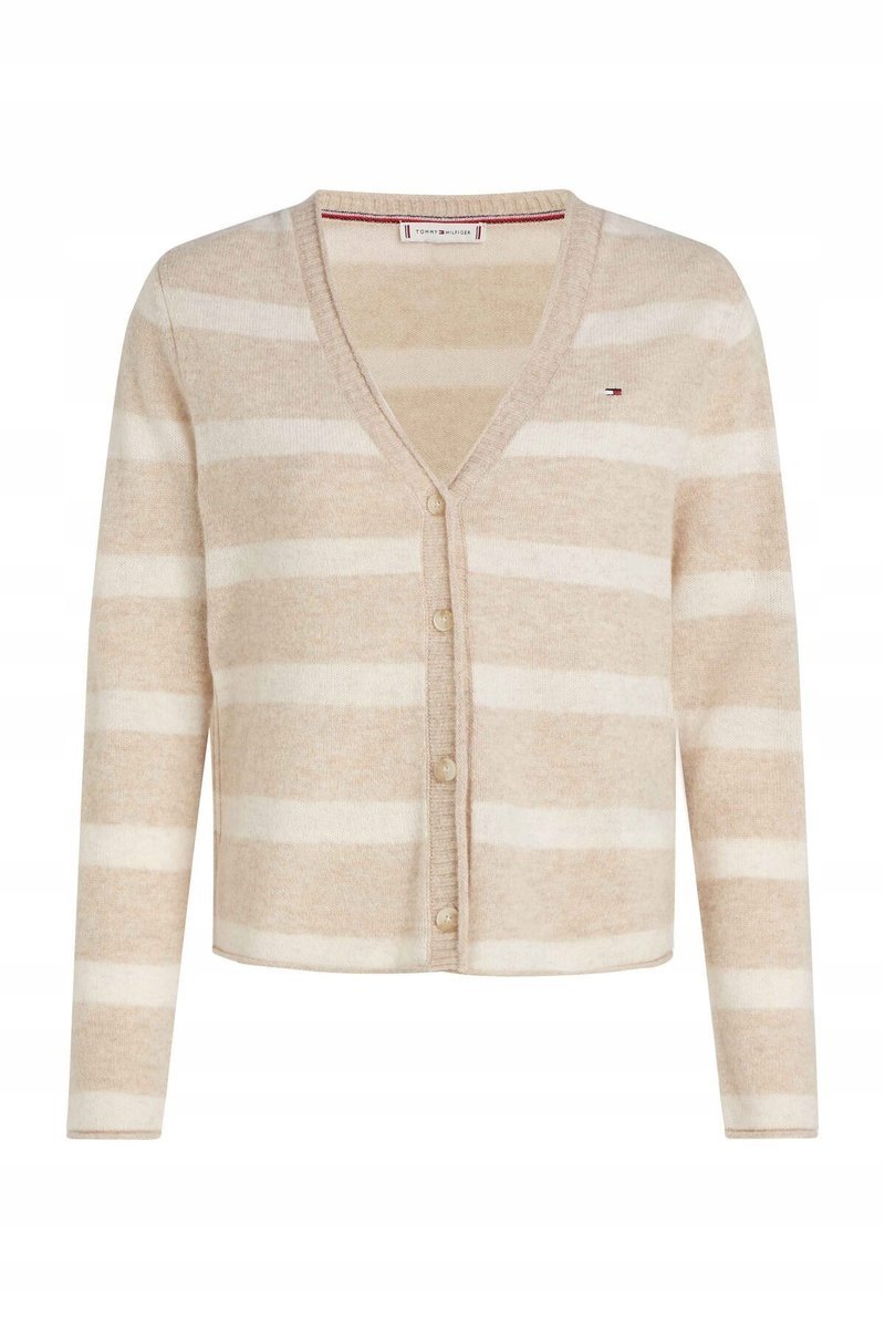 TOMMY HILFIGER BEŻOWY KARDIGAN DAMSKI Z GŁADKIEJ WEŁNY L XTA