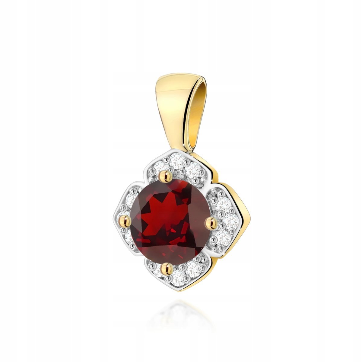 Elegancka przywieszka złoto 585 markiza granat brylanty 0.5g kwiatuszek 14k