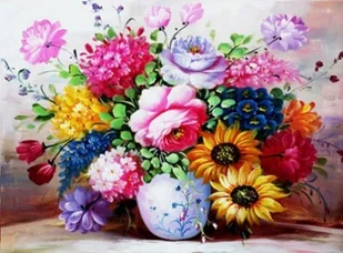Diamentowa Mozaika Bukiet Kolorowych Kwiatów W Wazonie,40x50 - Zabawki kreatywne - miniaturka - grafika 1