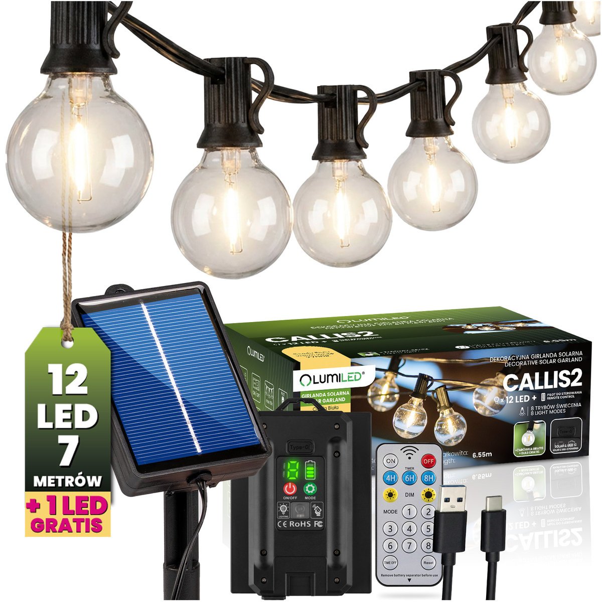 Lumiled Girlanda Solarna Ogrodowa 12x LED Ozdobne Kuleczki 6,55m 2700K Ciepła + Pilot CALLIS2