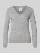 Swetry damskie - Sweter z dzianiny z mieszanki wełny jagnięcej z dekoltem w serek - miniaturka - grafika 1