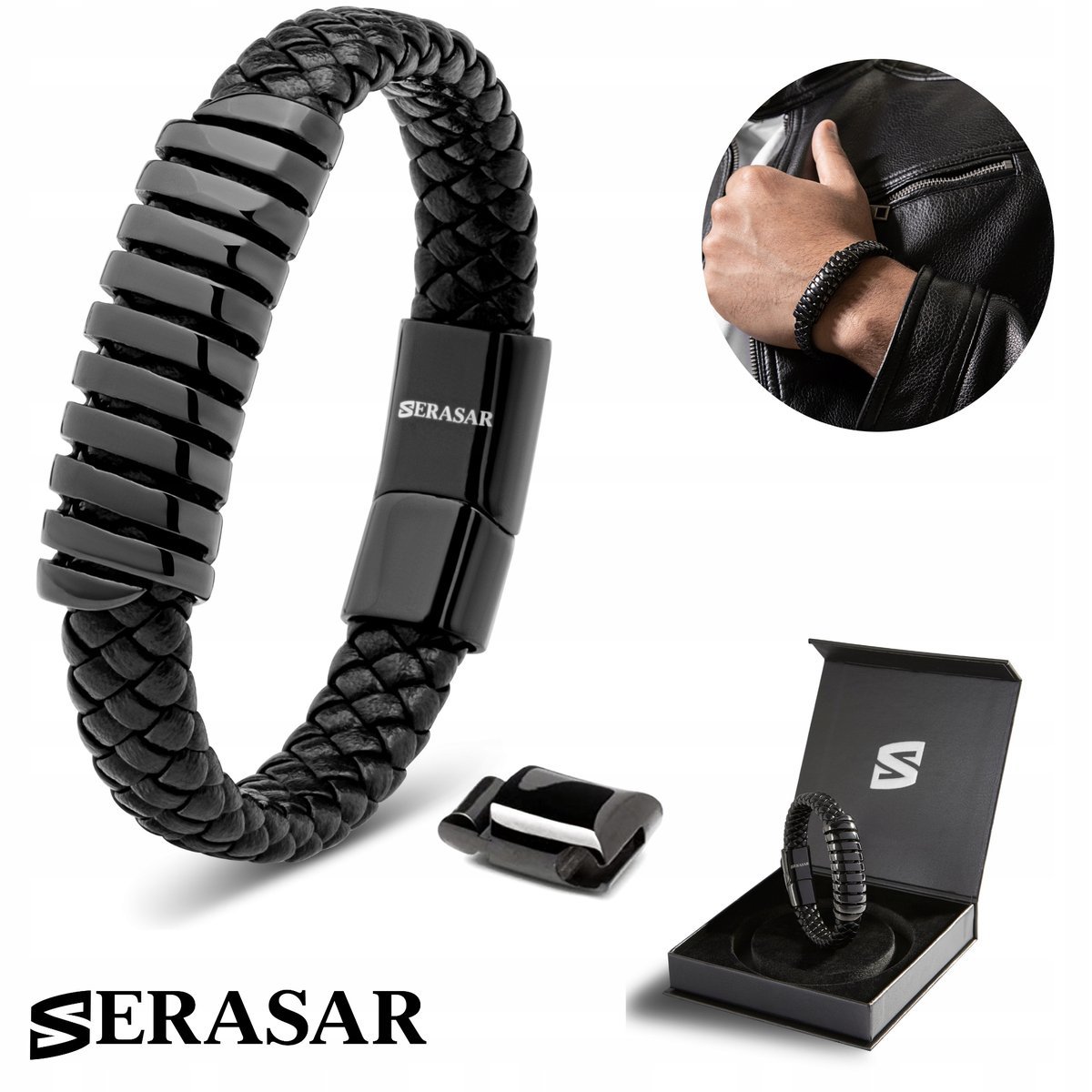 SERASAR, męska skórzana bransoletka „Helix”, czarna, 23 cm, ze stalowym zapięciem magnetycznym, w zestawie pudełko prezentowe