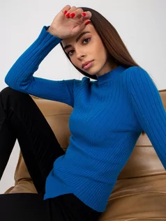 Swetry damskie - Sweter asymetryczny ciemny niebieski casual dekolt stójka rękaw długi materiał prążkowany - grafika 1