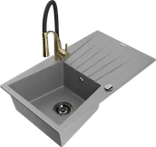 Zlewozmywaki z baterią - Mexen Cesar zlewozmywak granitowy 1-komorowy z ociekaczem i baterią kuchenną Aster, szary - 6514-71-73450-57-B - miniaturka - grafika 1