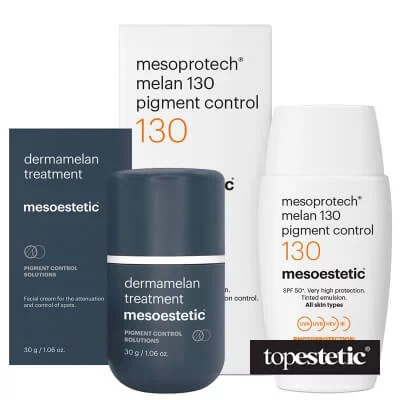 Mesoestetic Dermamelan Treatment + Mesoprotech Melan 130+ ZESTAW Krem na przebarwienia do stosowania w domu 30 g + Fluid koloryzujacy SPF50+ 50 ml