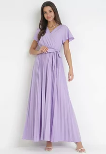 Sukienki - Fioletowa Elegancka Sukienka Maxi w Plisy z Kopertowym Dekoltem i Wiązaniem Thessi - grafika 1