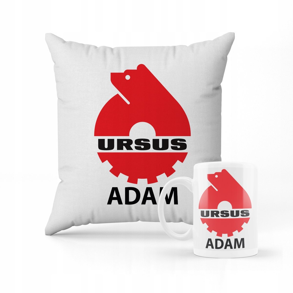 ZESTAW PODUSZKA + KUBEK PREZENT DLA DZIECKA CIĄGNIK TRAKTOR URSUS LOGO IMIĘ