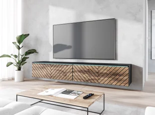 Minio, szafka pod TV, szafka dolna pod TV "Donna" 180 cm, stojąca, wisząca, LED, front MDF z wzorem w jodełkę, kolor grafitowo-czarny/dąb votan - Szafki RTV - miniaturka - grafika 1