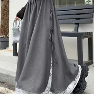 Spódnice - TEMU Elegancka Sukienka Maxi w Kształcie Litery A z Koronkowym Panelem i Kokardą z Tyłu - Regulowana (Bez Paska), Długa Szara Suknia na Śluby, Bale, - miniaturka - grafika 1