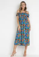 Sukienki - Niebieska Sukienka z Wiskozy Midi Hiszpanka w Kwiaty Hallenes - miniaturka - grafika 1