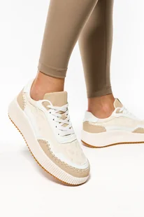 Beżowe sneakersy damskie na platformie haftowane buty sportowe sznurowane Casu M24X1-BE - Półbuty damskie - miniaturka - grafika 1