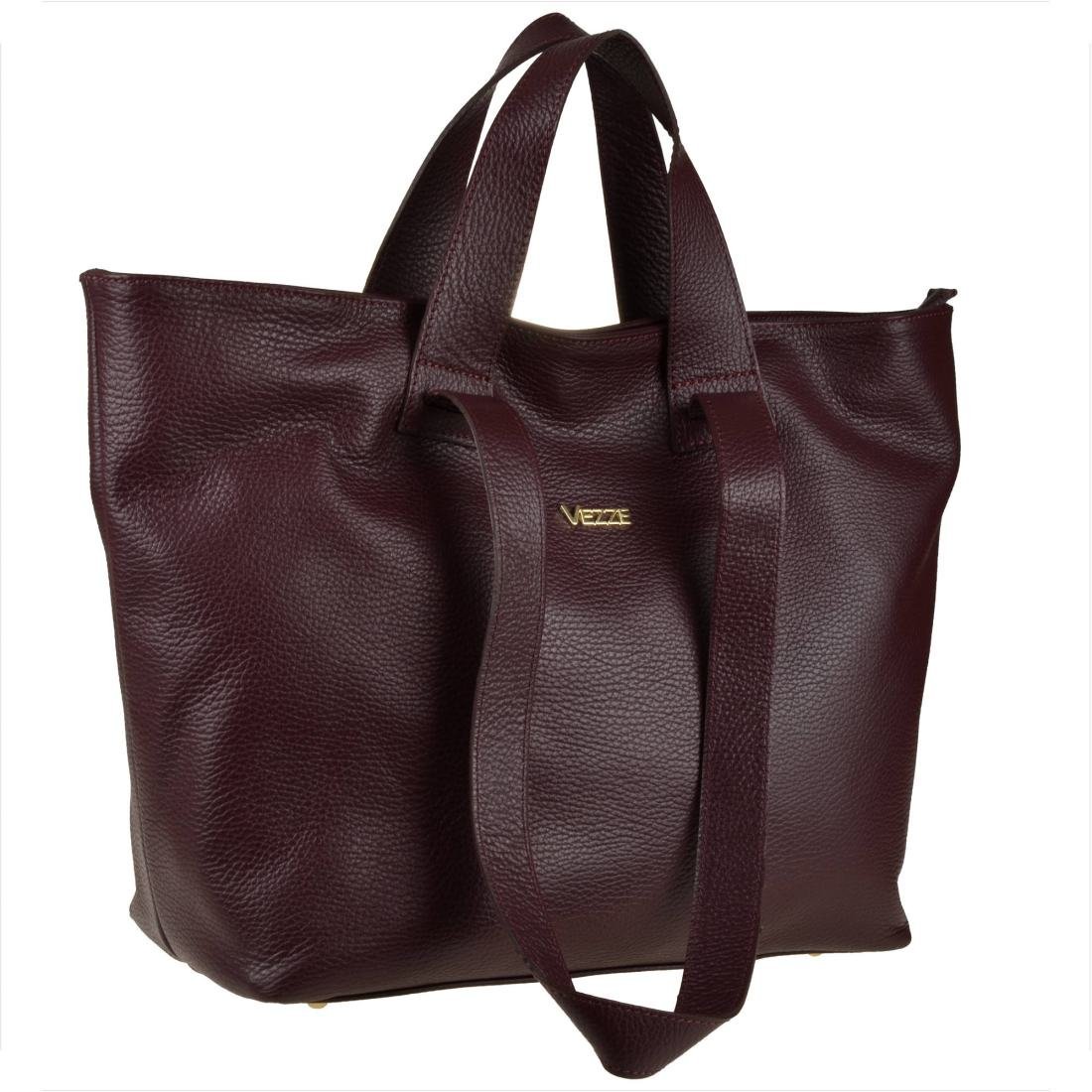 VEZZE Torba skórzana shopper bag bordowa złote okucia na ramię i do ręki