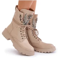 Botki damskie - S.Barski Eko Skórzane Botki Workery Ze Zdobieniem Ocieplane D&A MR880-080 Beżowe beżowy - miniaturka - grafika 1