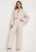 Komplety damskie - Beżowy Komplet Garniturowy Marynarka z Broszką i Spodnie Sarkio - miniaturka - grafika 1