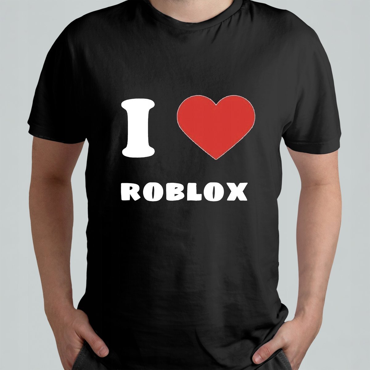 CZARNA KOSZULKA Z NADRUKIEM MĘSKA ŚMIESZNA T-SHIRT I LOVE ROBLOX GRA r. L