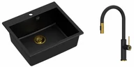 Zlewozmywaki z baterią - Quadron Zlewozmywak granitowy jednokomorowy 57*50*22 cm MORGAN 110 PURE CARBON czarny ze złotym odpływem z baterią JENNIFER Q LINE SLIM PURE CARBON z wyciąganą wylewką i funkcją prysznica kolor czarny mat/wykończenie złote - miniaturka - grafika 1