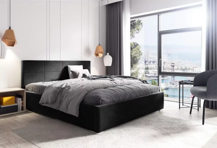 Łóżko tapicerowane pikowane z materacem Katia 180x200 Czarne Metalowy Stelaż