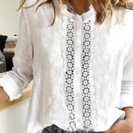 Koszule damskie - TEMU Elegancka Bluzka Damska z Koronkowym Wykończeniem - Biała z Okrągłym Dekoltem, Krótki/Długi Rękaw, Zapinana na Guziki z Falbanką na Kołnierzu i - miniaturka - grafika 1