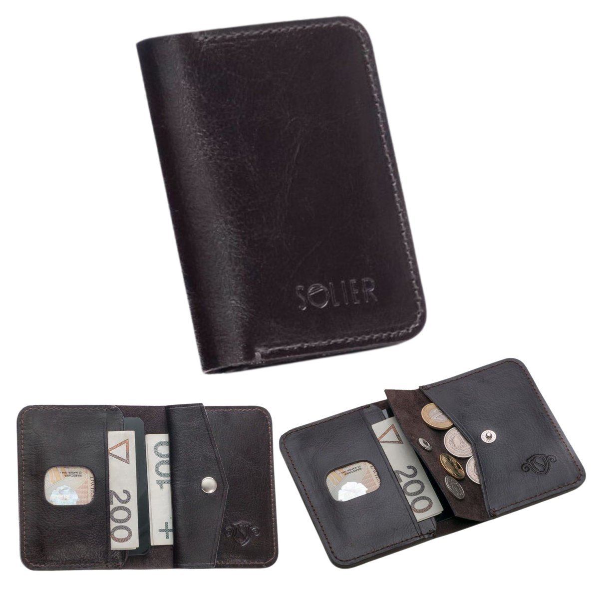 Solier, portfel męski slim z bilonówką SW16, skórzany, ciemnobrązowy
