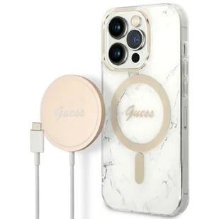 Guess Zestaw GUBPP14LHMEACSH Case+ Charger iPhone 14 Pro 6,1" biały/white hard case Marble MagSafe - Etui i futerały do telefonów - miniaturka - grafika 1