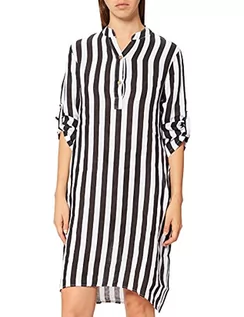 Sukienki - Bonamaison Damska sukienka koszulowa w paski, czysta lniana sukienka na co dzień, Czarny, biały, 34 - grafika 1