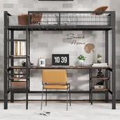 Łóżka dla dzieci i młodzieży - Łóżko piętrowe 90 x 200 cm z biurkiem i półkami do przechowywania - Żelazo + płyta wiórowa - dla dzieci - Czarno-brązowe - miniaturka - grafika 1