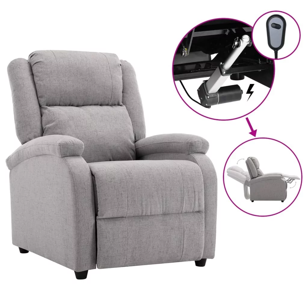 Rozkładany, elektryczny fotel telewizyjny, jasnoszary, tkanina