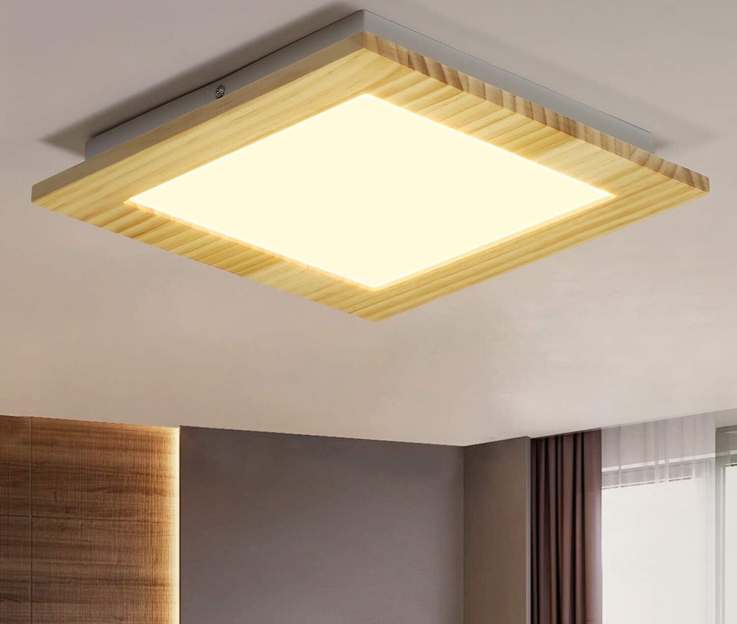 ZMH Lampa sufitowa LED do salonu lampa sufitowa drewniana płaska sypialnia panel korytarz oświetlenie wewnętrzne kątowe 3000K ciepła biel