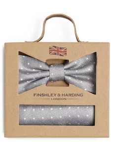 Finshley & Harding London - Muszka i poszetka męska z jedwabiu, beżowy|szary - Krawaty i muchy męskie - miniaturka - grafika 1