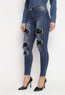 Spodnie damskie - Granatowe Jeansy Skinny z Dziurami Ozdobionymi Cyrkoniami Neeron - miniaturka - grafika 1
