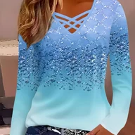 Bluzki damskie - TEMU Damska Bluzka z Długim Rękawem i V-Neck w Kolorze Turkusowo-Niebieskim Ombre - Ciemny Gradient ze Wzorem Przypominającym Koronki, Luźne - miniaturka - grafika 1