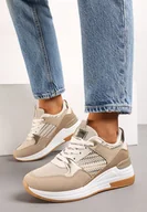 Moda i Uroda OUTLET - Ciemnobeżowe Sznurowane Sneakersy na Niskim Koturnie Xanthema - miniaturka - grafika 1