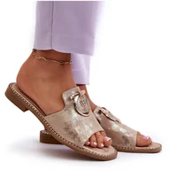 Klapki i japonki damskie - Eleganckie Błyszczące Klapki Damskie Z Ozdobą S.Barski KV27-032 Złote złoty - miniaturka - grafika 1