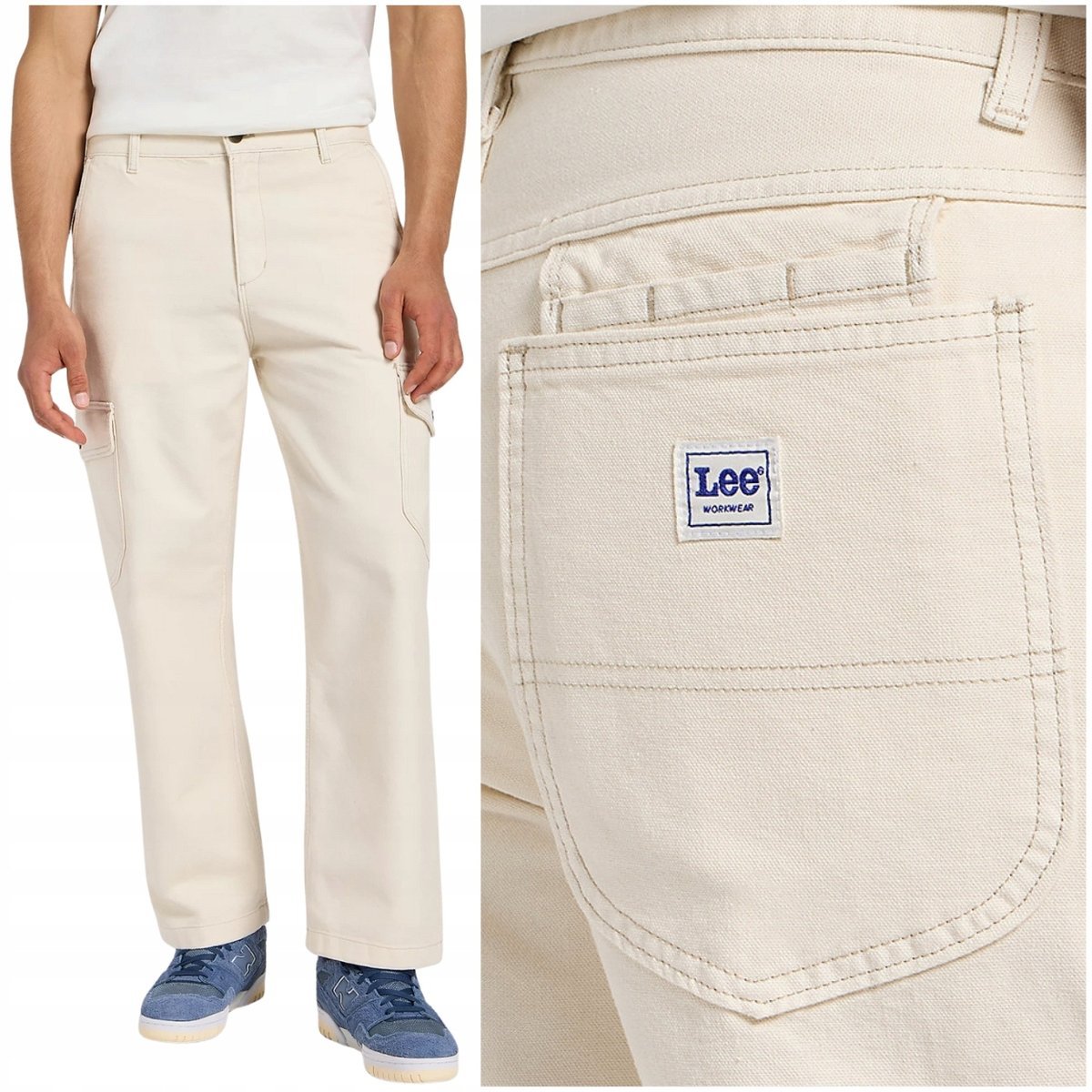 Lee WORKWEAR UTILITY PANT Ecru luźne białe spodnie bojówki W28 L32