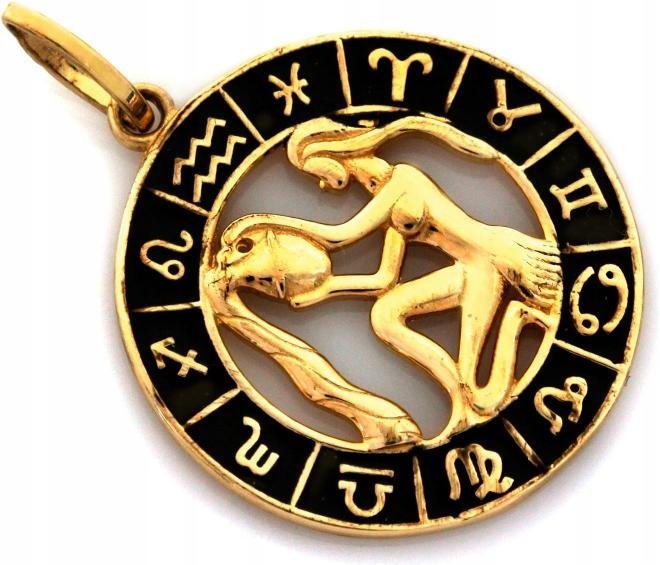 Złoty znak zodiaku 585 zawieszka Wodnik z czarną emalią na prezent 14k