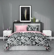 Pościel - Faro Pościel satynowa 220x200 Elegant 005 orientalna czarna różowa biała liście ornamenty dwustronna S 23 - miniaturka - grafika 1
