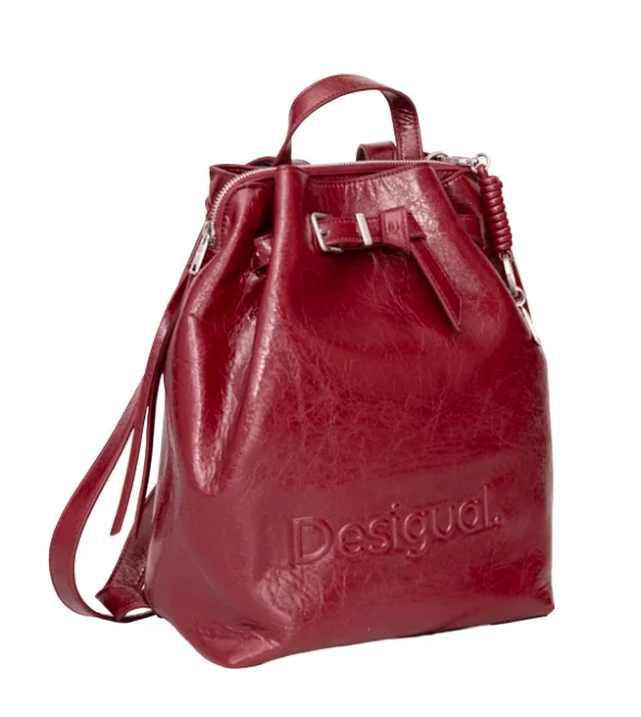 Desigual bordowy plecak damski 3 komory 3 kieszenie z brelokiem