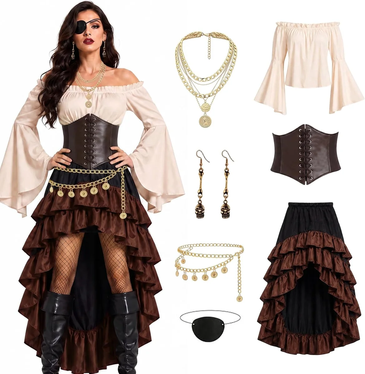 KOSTIUM PIRAT KOBIETA L BEŻOWY PRZEBRANIE STRÓJ NA HALLOWEEN BAL COSPLAY