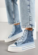 Trampki damskie - Niebieskie Trampki Jeansowe z Serduszkami na Platformie Benirea - miniaturka - grafika 1